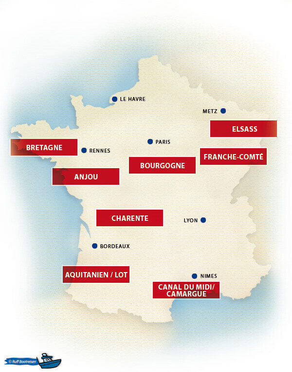 Hausboot mieten in Frankreich - Hausbootreviere Landkarte Hausboot mieten in Frankreich - Hausbootreviere Landkarte