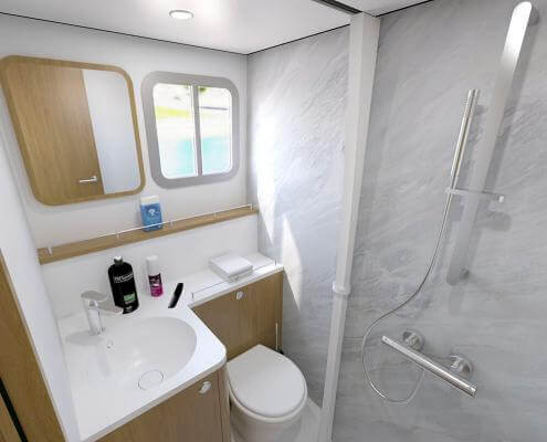 Nasszelle mit Dusche, Waschbecken und elektrischem WC