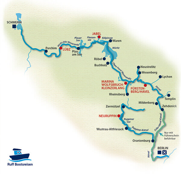 Übersicht Wasserwege und Starthäfen Mecklenburg und Müritz